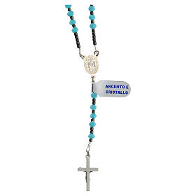 Rosary of 925 silver with 4x3 mm light blue crystal and black hematite beads, Miraculous Medal