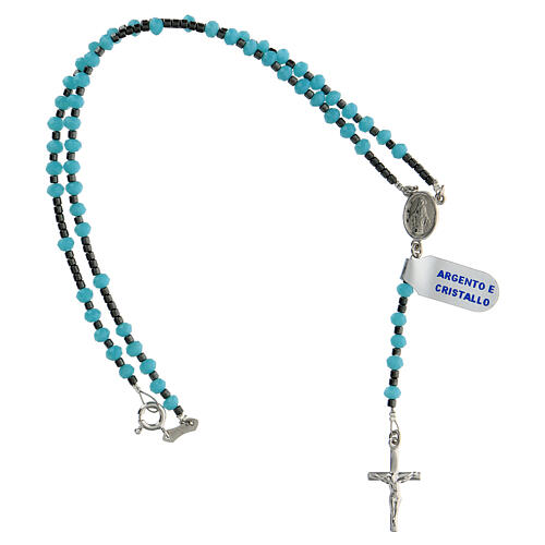 Rosary of 925 silver with 4x3 mm light blue crystal and black hematite beads, Miraculous Medal 4