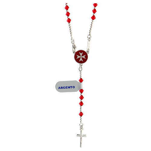 Rosary of 925 silver with 4 mm red strass and Maltese cross 1