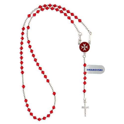 Rosary of 925 silver with 4 mm red strass and Maltese cross 4