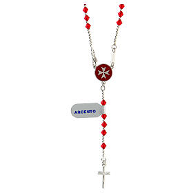 Terço prata 925 strass vermelhos cruz de Malta 4 mm