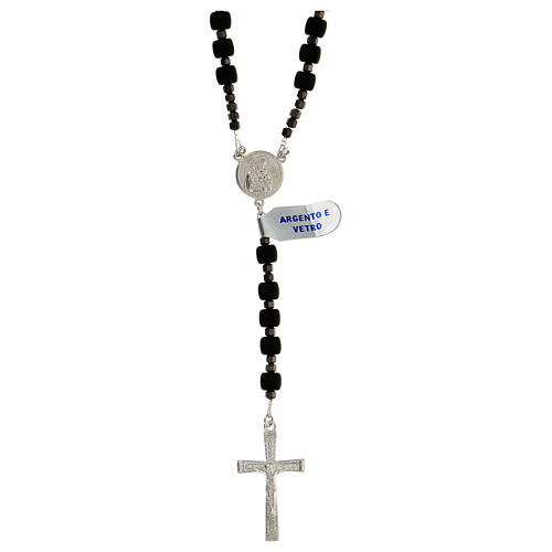 925 silver rosary with glass black satin cube St Joseph 6x6 mm 1