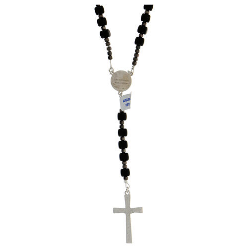 925 silver rosary with glass black satin cube St Joseph 6x6 mm 2