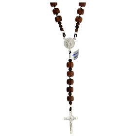 Rosary of 925 silver with cylindrical wood beads of 7 mm, Chi-Rho medal and Saint Benedict cross