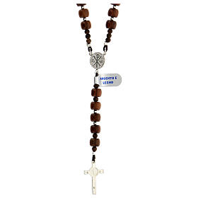 Rosary of 925 silver with cylindrical wood beads of 7 mm, Chi-Rho medal and Saint Benedict cross