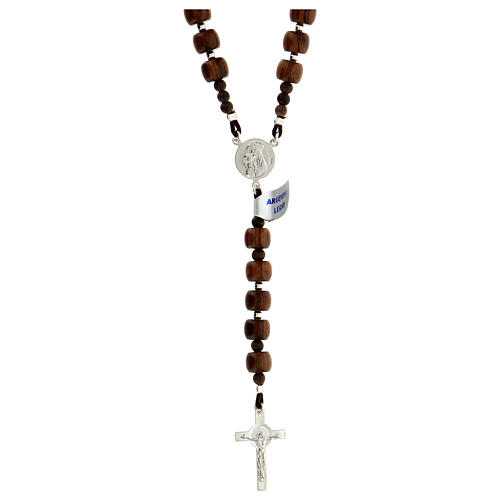 Rosary of 925 silver with cylindrical wood beads of 7 mm, Chi-Rho medal and Saint Benedict cross 1
