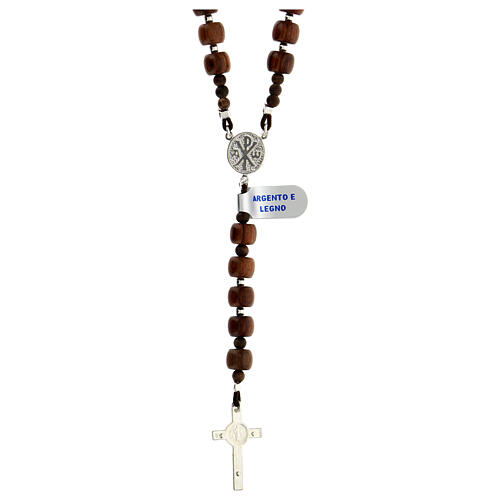 Rosary of 925 silver with cylindrical wood beads of 7 mm, Chi-Rho medal and Saint Benedict cross 2