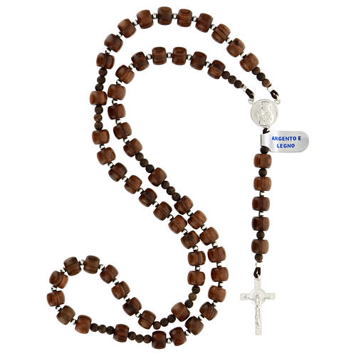 Rosary of 925 silver with cylindrical wood beads of 7 mm, Chi-Rho medal and Saint Benedict cross 4