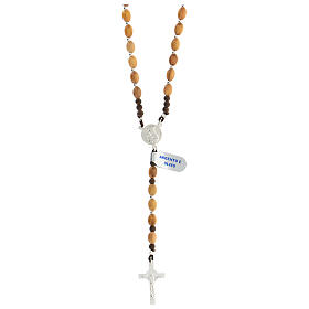Rosary of 925 silver with oval olivewood beads of 8 mm, Chi-Rho medal and Saint Benedict cross