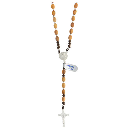 Rosary of 925 silver with oval olivewood beads of 8 mm, Chi-Rho medal and Saint Benedict cross 1