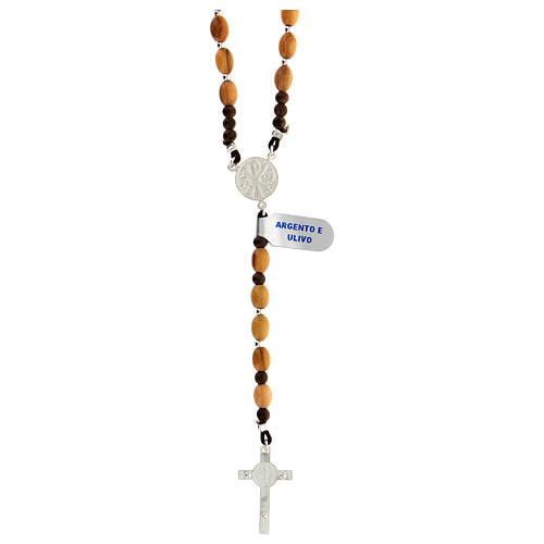 Rosary of 925 silver with oval olivewood beads of 8 mm, Chi-Rho medal and Saint Benedict cross 2