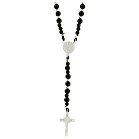 Rosary of 925 silver with black wood beads of 6 mm, Chi-Rho medal and Saint Benedict cross