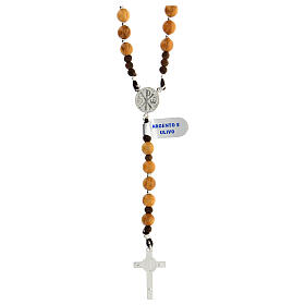 Rosary of 925 silver with olivewood beads of 6 mm, Chi-Rho medal and Saint Benedict cross