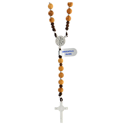 Rosary of 925 silver with olivewood beads of 6 mm, Chi-Rho medal and Saint Benedict cross 2