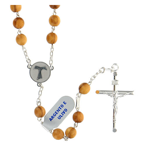 Rosary of 925 silver with 6 mm olivewood beads and Tau medal 1