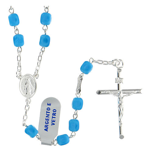 Rosary of 925 silver with light blue satin glass beads and Miraculous Medal 1