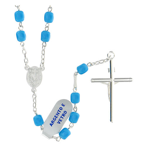 Rosary of 925 silver with light blue satin glass beads and Miraculous Medal 2
