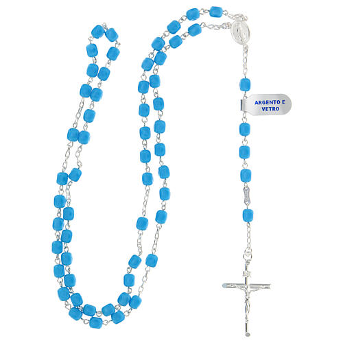 925 silver rosary with blue satin glass double cross 6 mm 4