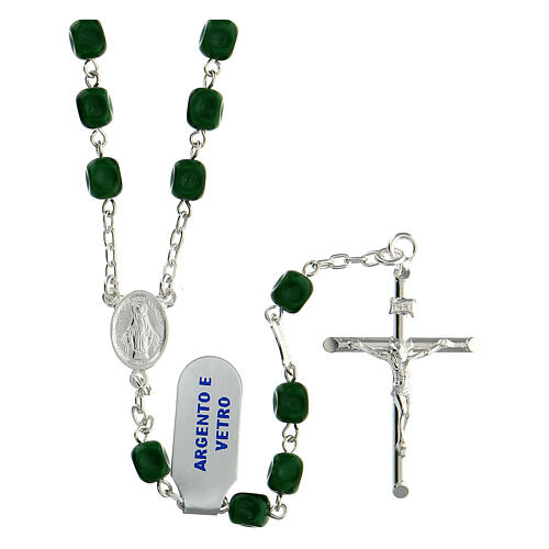 Rosary of 925 silver with green satin glass beads and Miraculous Medal 1