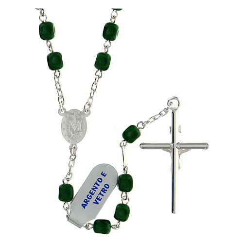 Rosary of 925 silver with green satin glass beads and Miraculous Medal 2