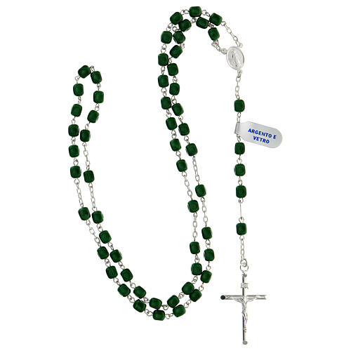 Rosary of 925 silver with green satin glass beads and Miraculous Medal 4