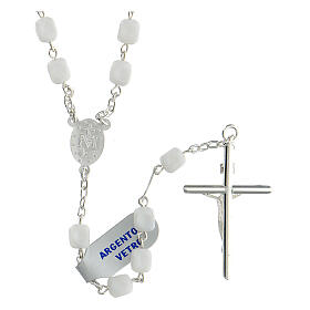 Rosary of 925 silver with white satin glass beads and Miraculous Medal