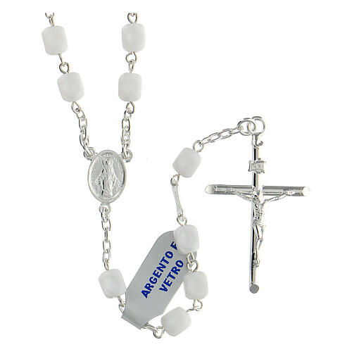Rosary of 925 silver with white satin glass beads and Miraculous Medal 1
