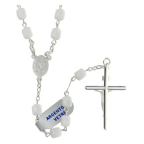 Rosary of 925 silver with white satin glass beads and Miraculous Medal 2