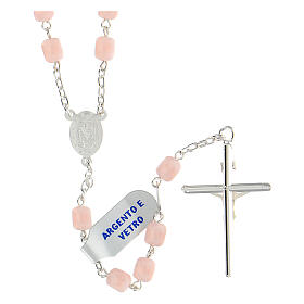 Rosary of 925 silver with pink satin glass beads and Miraculous Medal