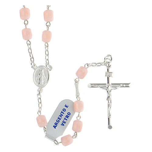 Rosary of 925 silver with pink satin glass beads and Miraculous Medal 1