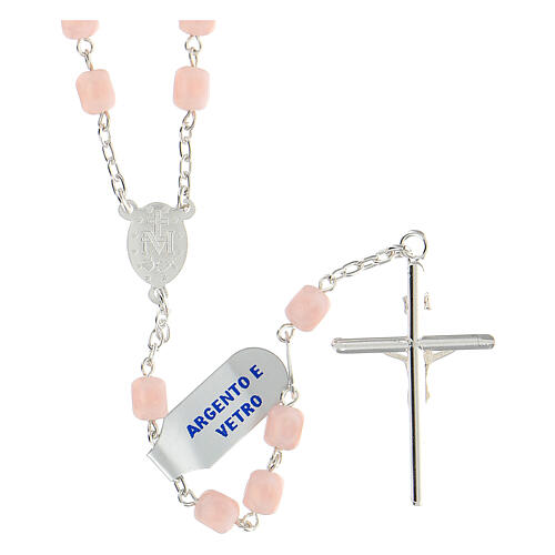 Rosary of 925 silver with pink satin glass beads and Miraculous Medal 2