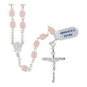 925 sterling silver rosary with Miraculous cruise and pink satin glass beads 6 mm