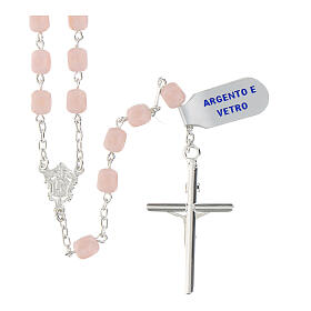 925 sterling silver rosary with Miraculous cruise and pink satin glass beads 6 mm