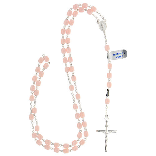925 sterling silver rosary with Miraculous cruise and pink satin glass beads 6 mm 4