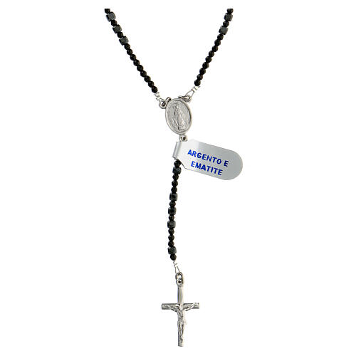 Thin rosary necklace of 925 silver with 3 mm hematite beads and clasp 1