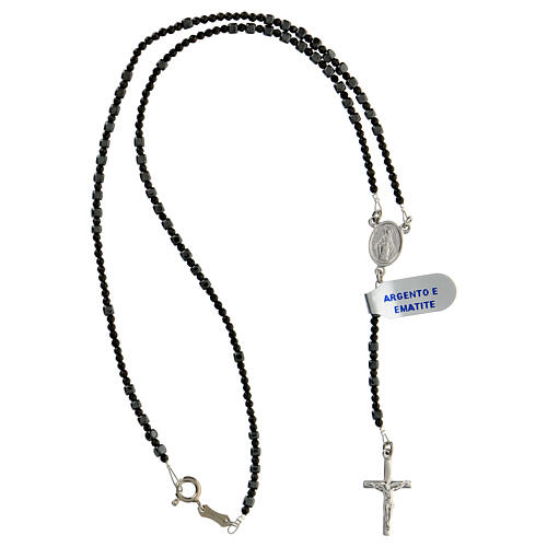 Thin rosary necklace of 925 silver with 3 mm hematite beads and clasp 4