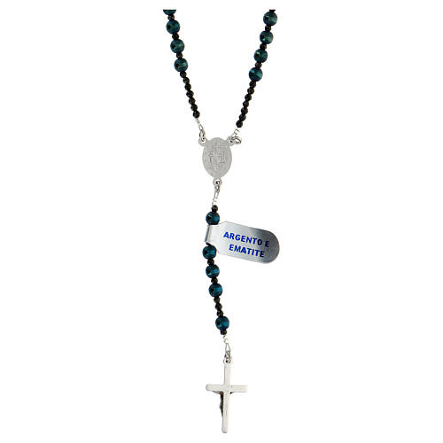 925 silver rosary with Miraculous center light blue black hematite 5 mm 1
