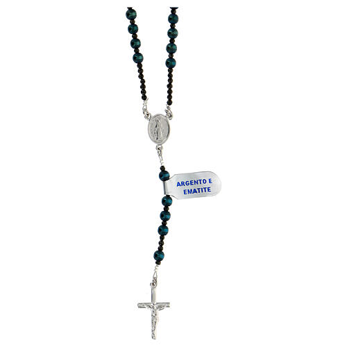 925 silver rosary with Miraculous center light blue black hematite 5 mm 2