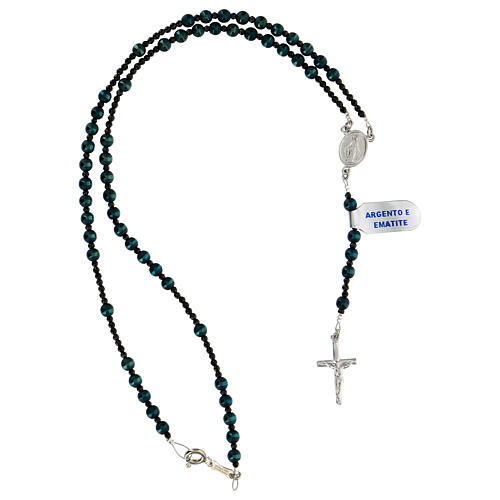 925 silver rosary with Miraculous center light blue black hematite 5 mm 4