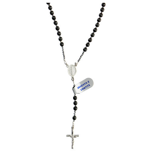Thin rosary necklace of 925 silver with 4 mm grey hematite beads and Miraculous Medal 1