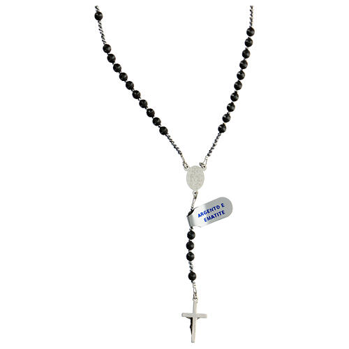 Thin rosary necklace of 925 silver with 4 mm grey hematite beads and Miraculous Medal 2