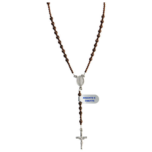 Thin rosary necklace of 925 silver with 4 mm brown hematite beads and Miraculous Medal 1