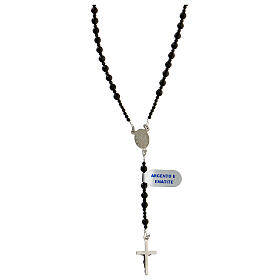 Thin rosary necklace of 925 silver with 4 mm black hematite beads and Miraculous Medal