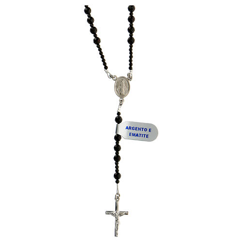 Thin rosary necklace of 925 silver with 4 mm black hematite beads and Miraculous Medal 1