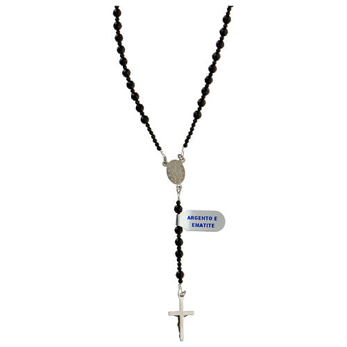 Thin rosary necklace of 925 silver with 4 mm black hematite beads and Miraculous Medal 2