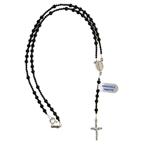 Thin rosary necklace of 925 silver with 4 mm black hematite beads and Miraculous Medal 4