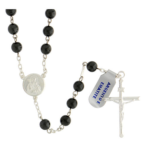 Rosary of 925 silver with 6 mm black hematite beads and Saint Joseph medal 1