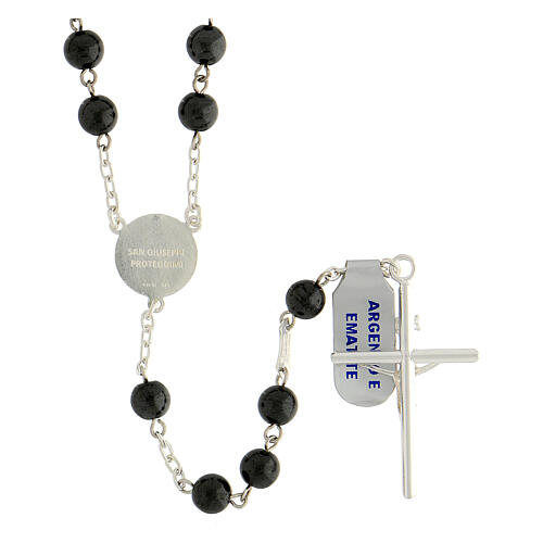 Rosary of 925 silver with 6 mm black hematite beads and Saint Joseph medal 2