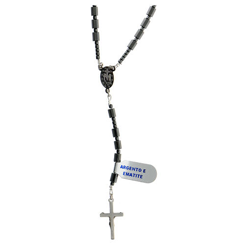Rosary necklace of 925 silver with cylindrical hematite beads and Miraculous Medal 2