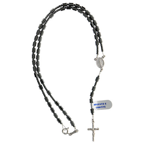 Rosary necklace of 925 silver with cylindrical hematite beads and Miraculous Medal 4